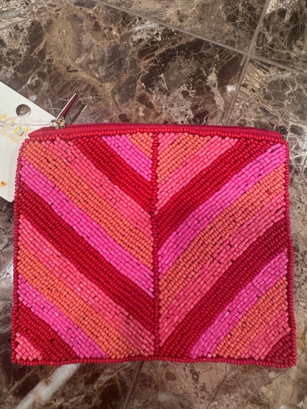 KayLee New York Handmade Seed Bead Coin Purse Pink Red Striped Zip Pouch - Picture 3 of 12